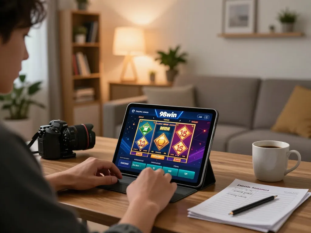 Player enjoying online games on 98win com in a cozy home setup with ambient lighting.