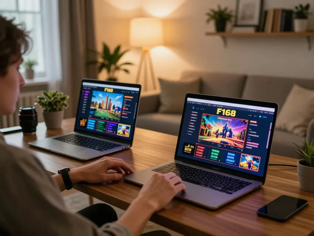Engaging with F168 online casino gaming on a laptop in a cozy home setting, showcasing strategic gameplay
