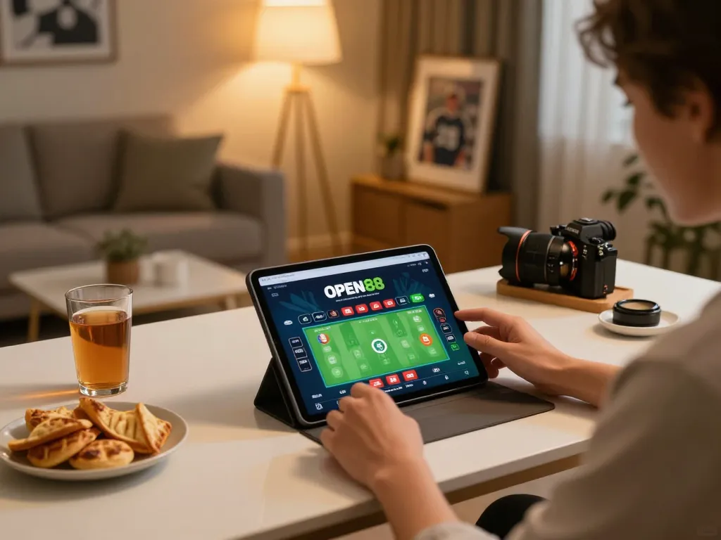 ENGAGING betting experience with OPEN88 app visible on tablet during sports viewing.