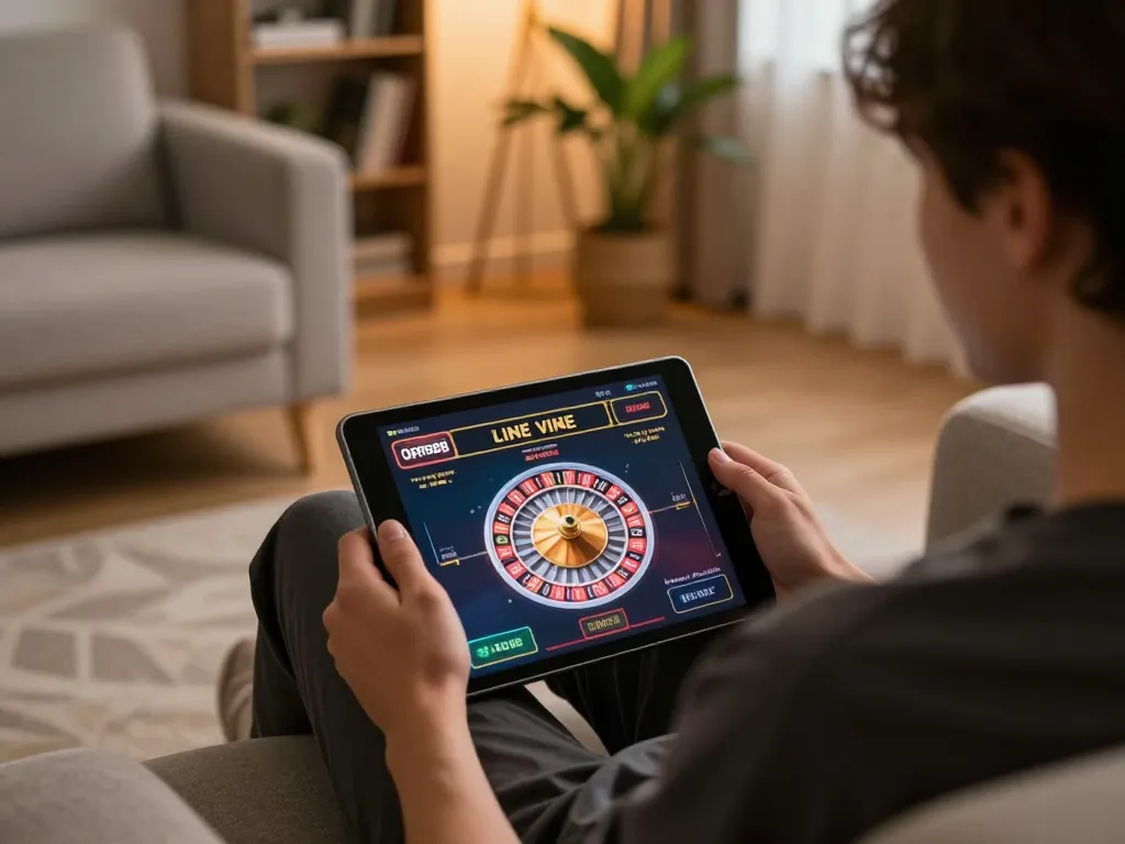 Engaging live casino gaming session on open88 with a user interacting via a tablet in a cozy home.