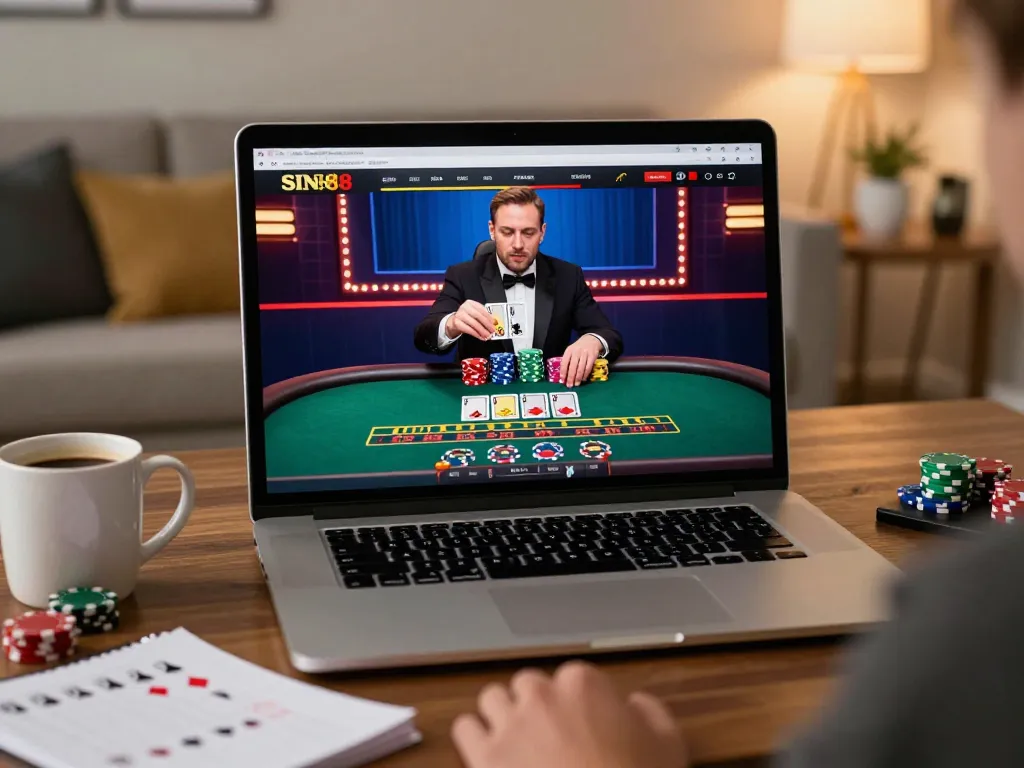 SIN88 online casino player engaged in live blackjack game with vibrant interface and strategy notes.
