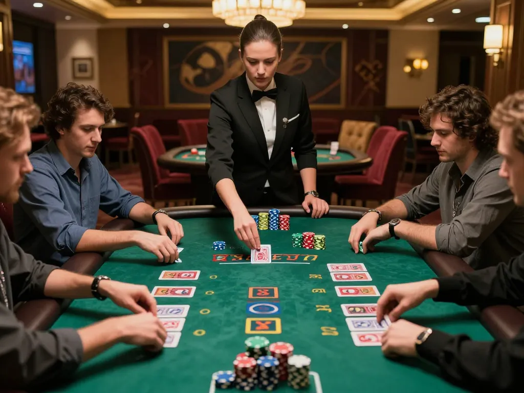 Engaged players at a FIVE88 blackjack table with dealer dealing cards and colorful chips displayed prominently