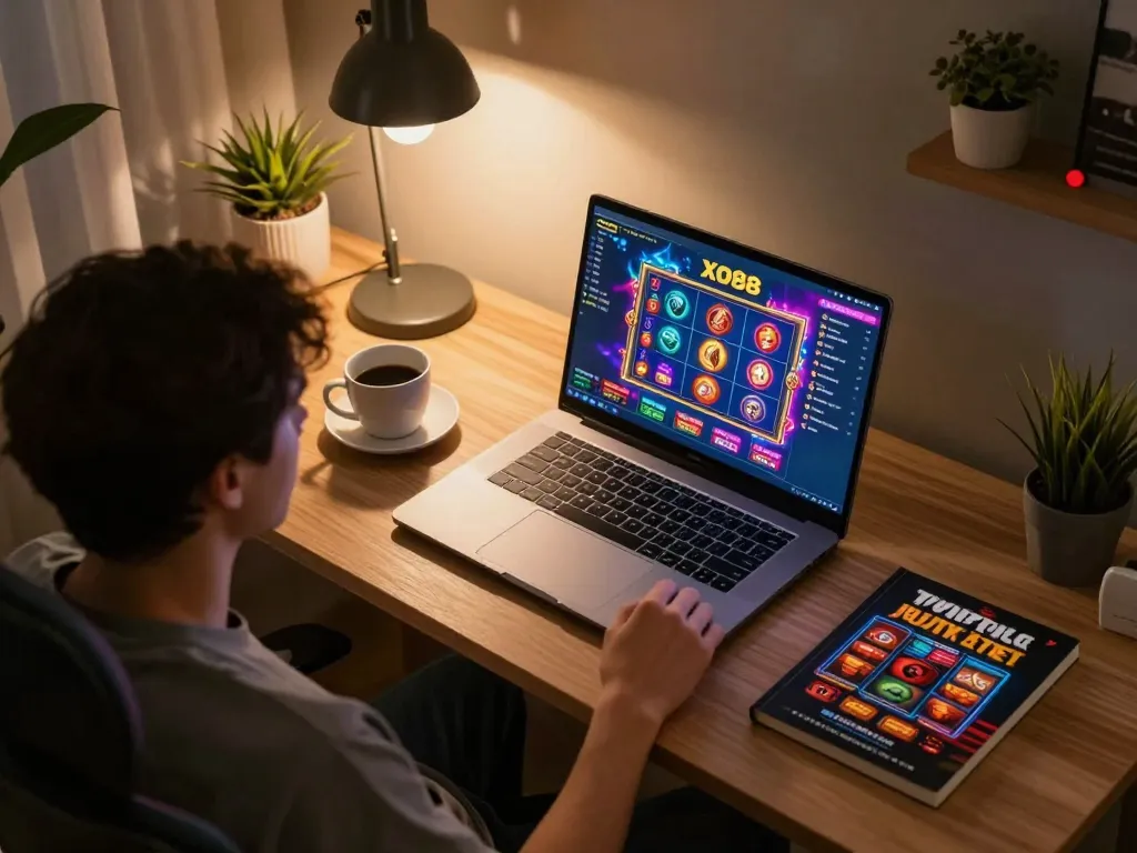 Person engaging in online gambling at XO88, showcasing vibrant slot games on laptop.
