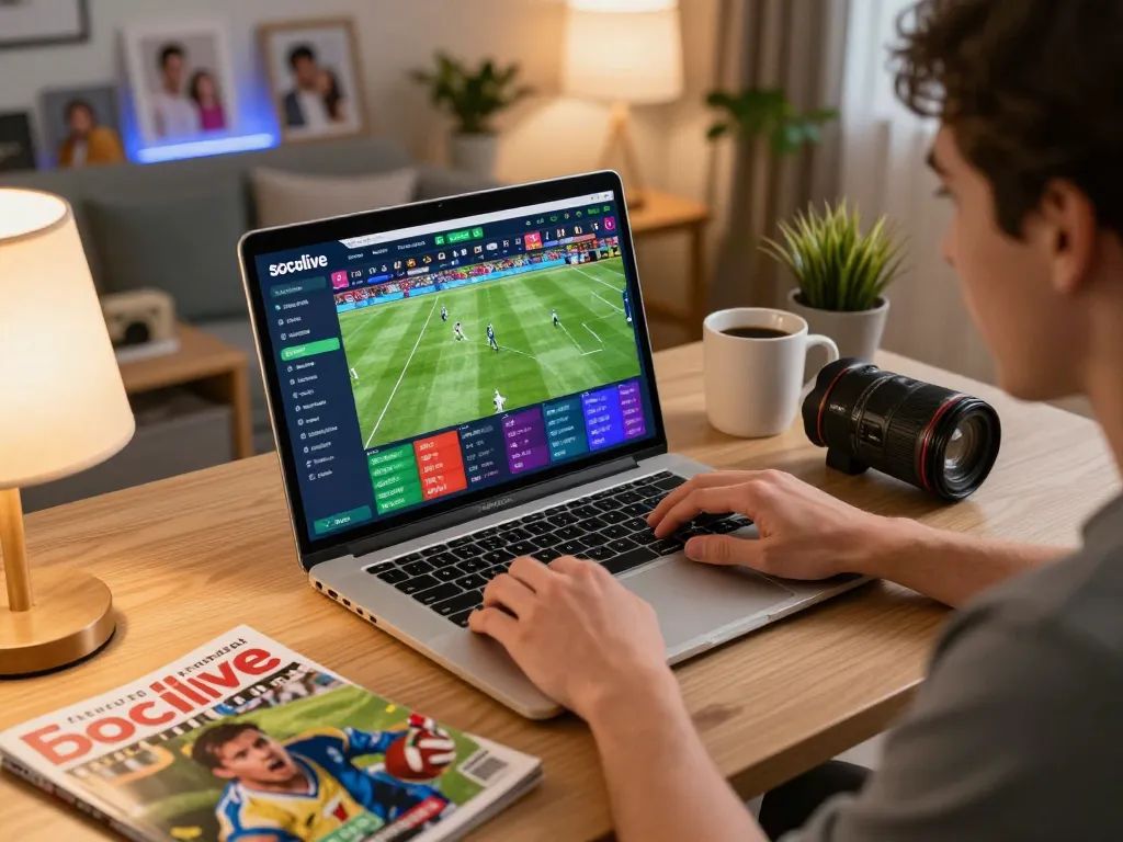 Socolive user engaged in sports betting while watching live football, cozy home setup with laptop and magazines.