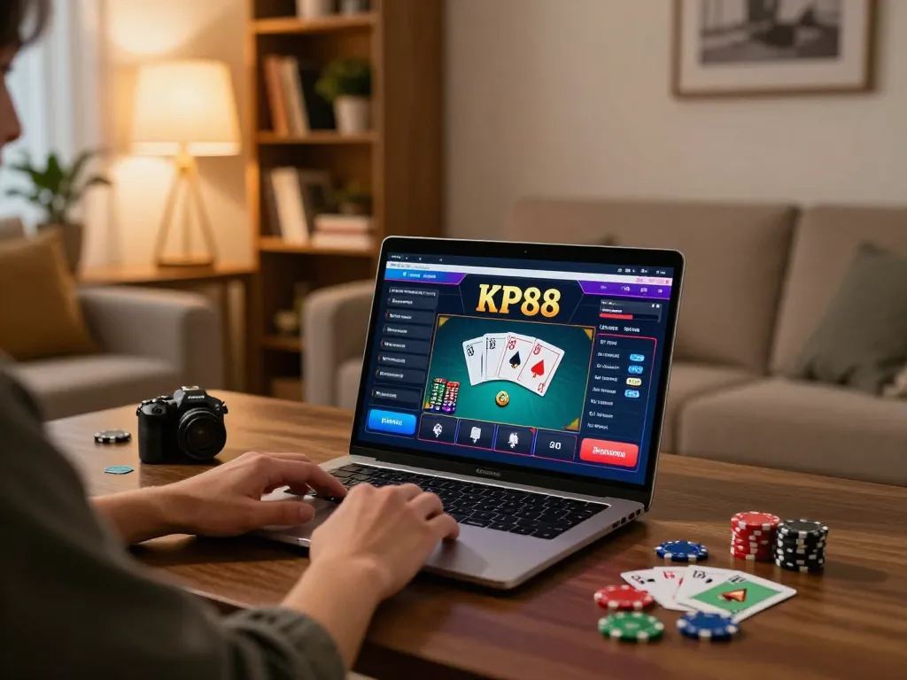 KP88 online gaming session showcasing poker cards on laptop in cozy home setting
