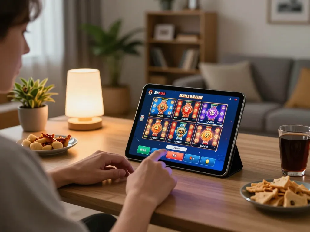 Engaging with 92slot mobile casino app while enjoying comfortable gaming setup.