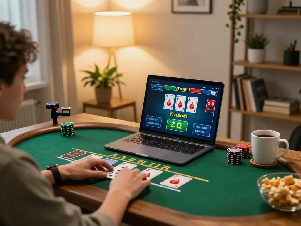 Exciting online gaming experience with KU88 blackjack on a laptop and cozy home setup.