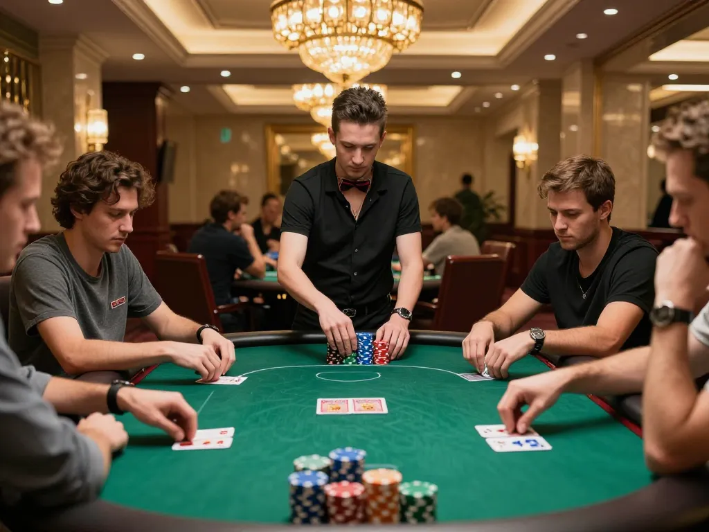 Players engaged in a high-stakes poker game at a luxurious casino, featuring DA88 action and vibrant chips.