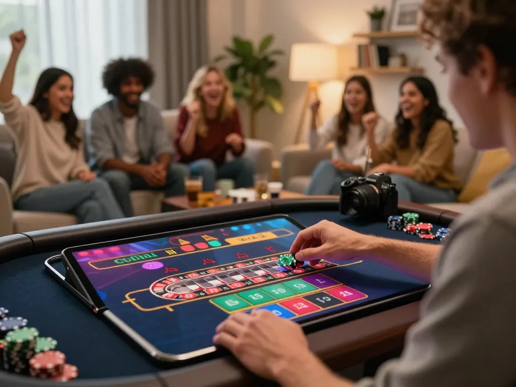 RED88 player placing a bet during an intense live roulette game at home, showcasing excitement and strategy.