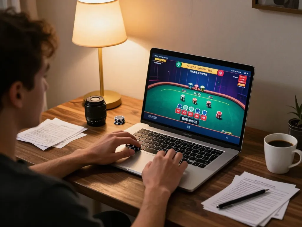 Engaging in online casino gameplay on fun79 platform, showcasing chips and live dealer game.