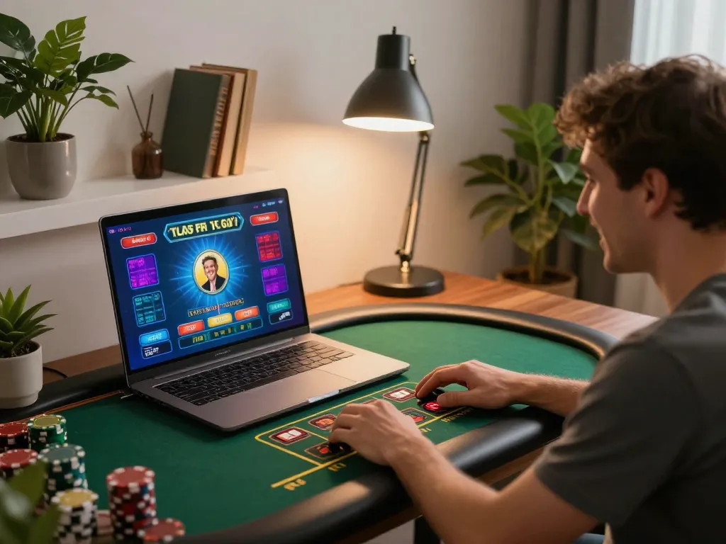 Engaging online gaming session at trang chủ 33win with a player using a laptop for live dealer games