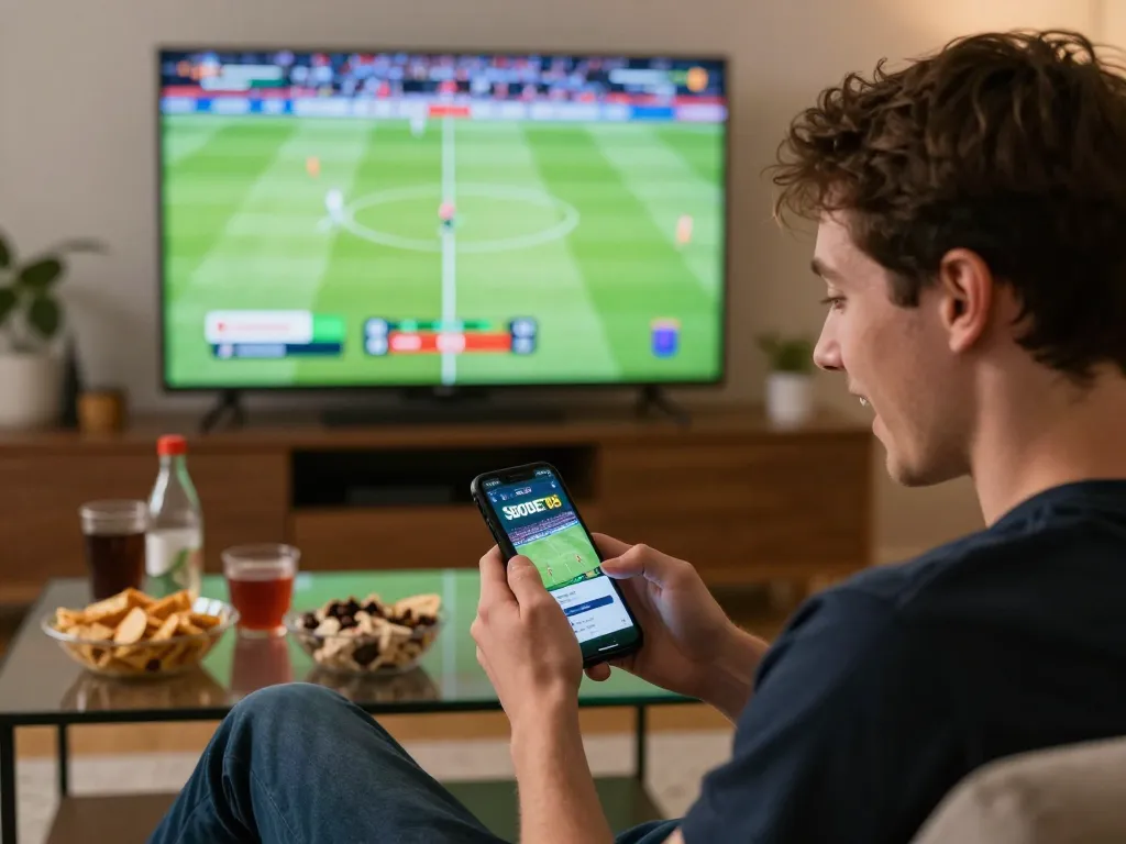 Adegan taruhan olahraga SBOBET88 menunjukkan seorang pemain menggunakan smartphone untuk memasang taruhan langsung saat pertandingan sepak bola