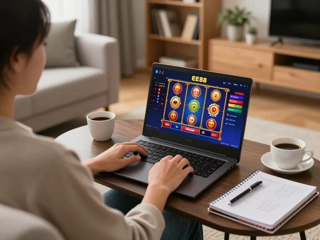 Engaged user playing on ee88 online casino platform in a cozy home setting.