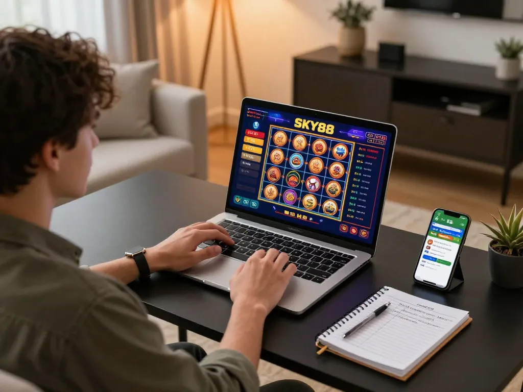 Engaging user plays SKY88 online slots from the comfort of home with screens showing vibrant gaming
