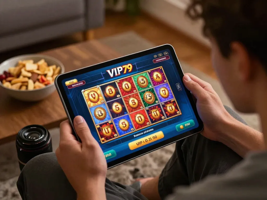 Player engaging with VIP79 casino app, enjoying the thrill of online gambling at home.