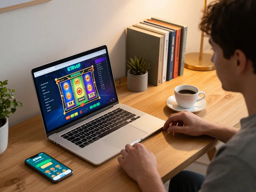 Online gaming experience at 678vip with vibrant slot game displayed on laptop