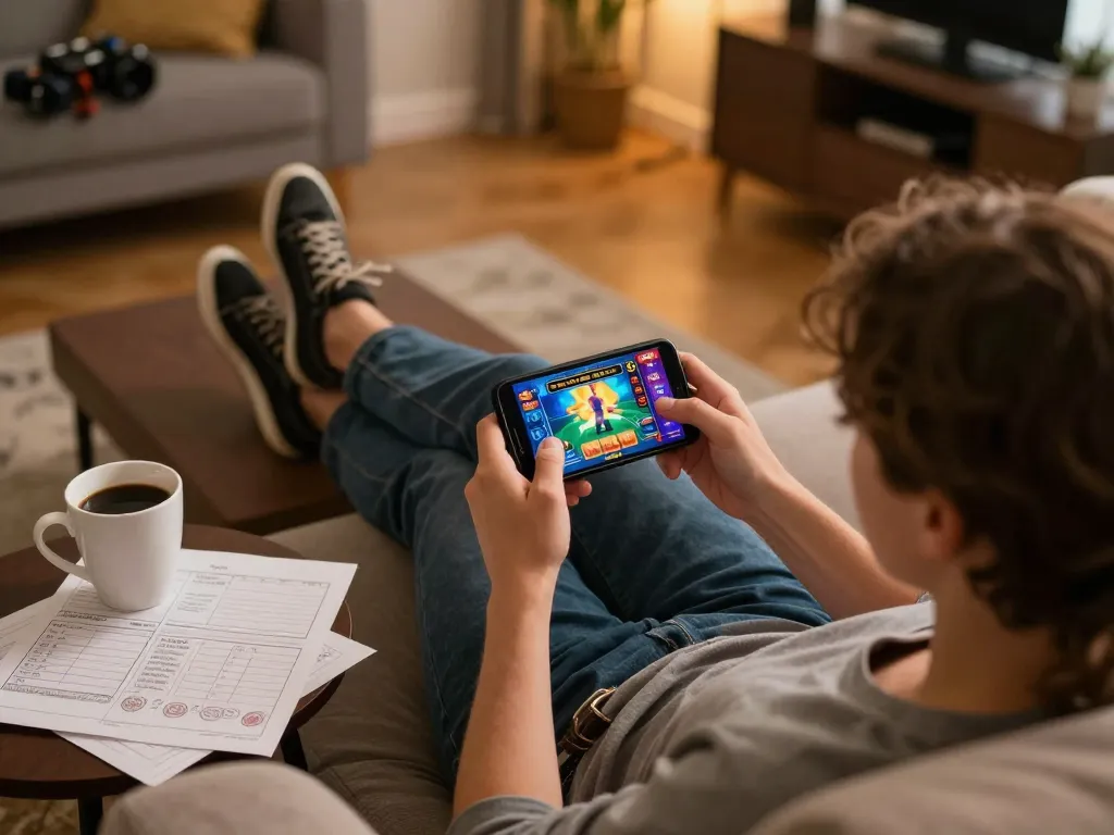 Player enjoying Jun88 mobile casino experience on a cozy sofa while engaging in strategic gameplay.