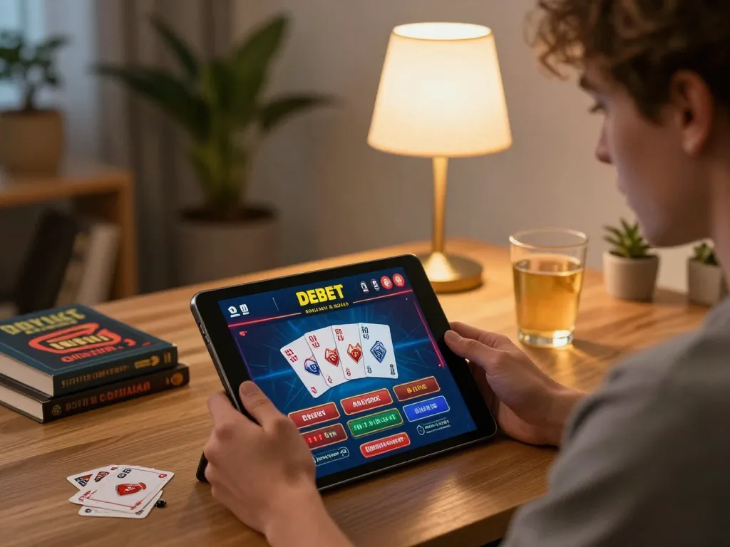 Player engaging with DEBET app on tablet, surrounded by strategic gaming notes in a cozy atmosphere