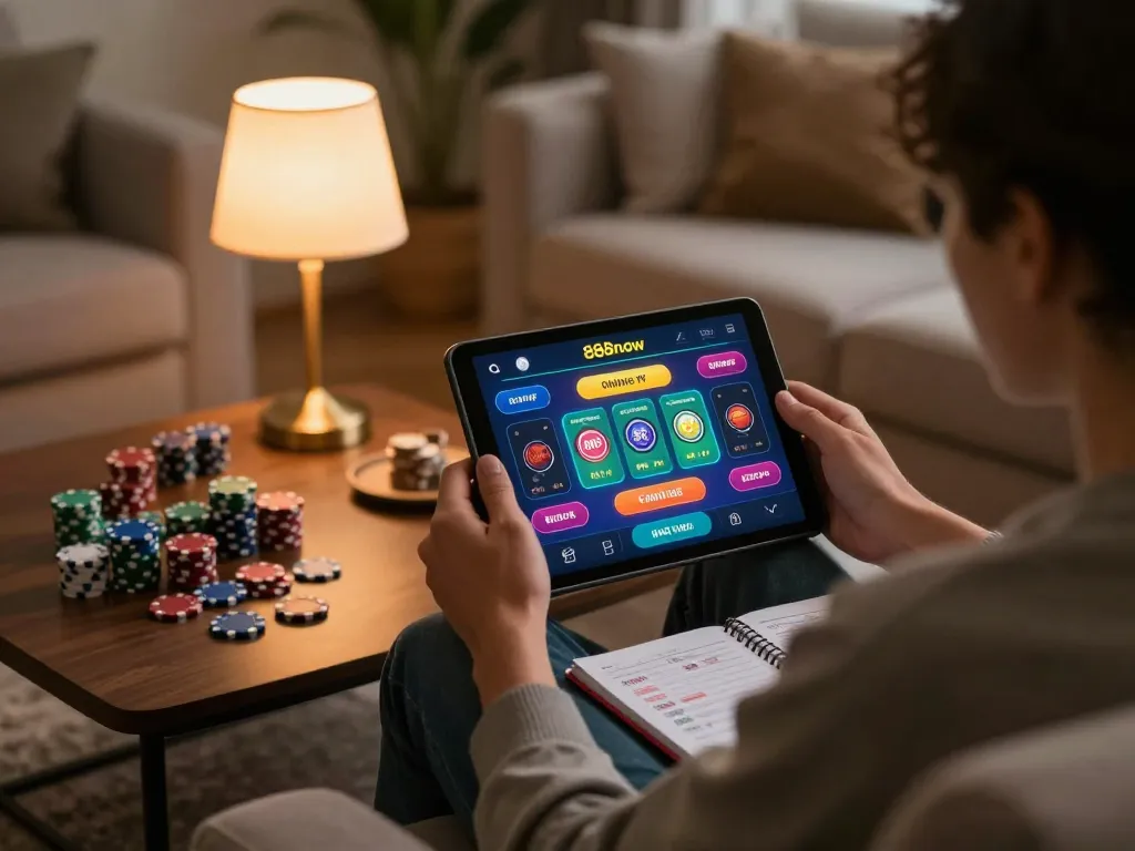 Engaging with the 888now app for online gambling, highlighting strategic gameplay and cozy environment.