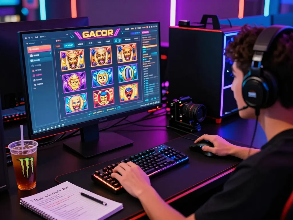 Player enjoying Slot Gacor in an immersive gaming setup with vibrant neon lights.