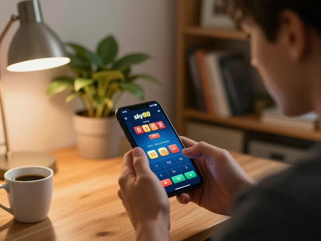 Engaged player using sky88 app on smartphone, enjoying online gambling experience in a cozy home setting.