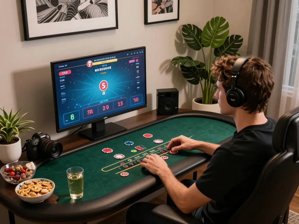 Engaging in live dealer blackjack with VK88 gaming strategies at home in a cozy setup.