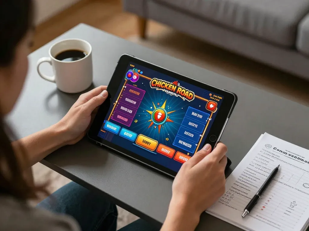 Impegnarsi in Chicken Road recensioni a casa con un gameplay strategico su tablet in un ambiente accogliente.