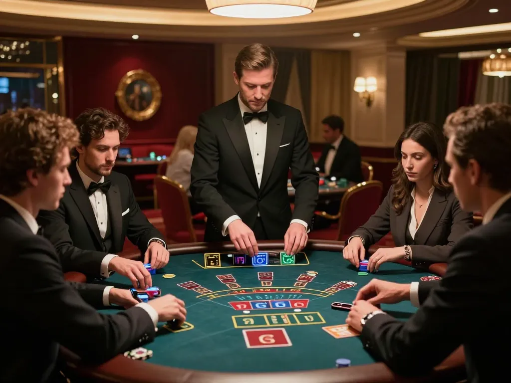 Players enjoying blackjack at UU88 live dealer table, sophisticated casino atmosphere, high-stakes gaming