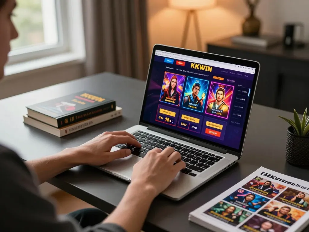 Person engaging with the KKWIN online casino interface on a laptop, indicating strategic gameplay.