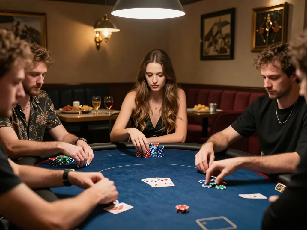 Engage with link xo88 in an intimate home poker game, showing strategic card play and lively interactions