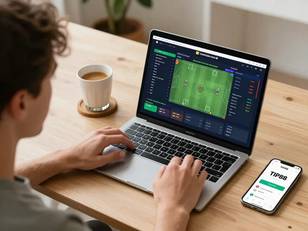 Engaging in sports betting with TIP88 app on smartphone and laptop