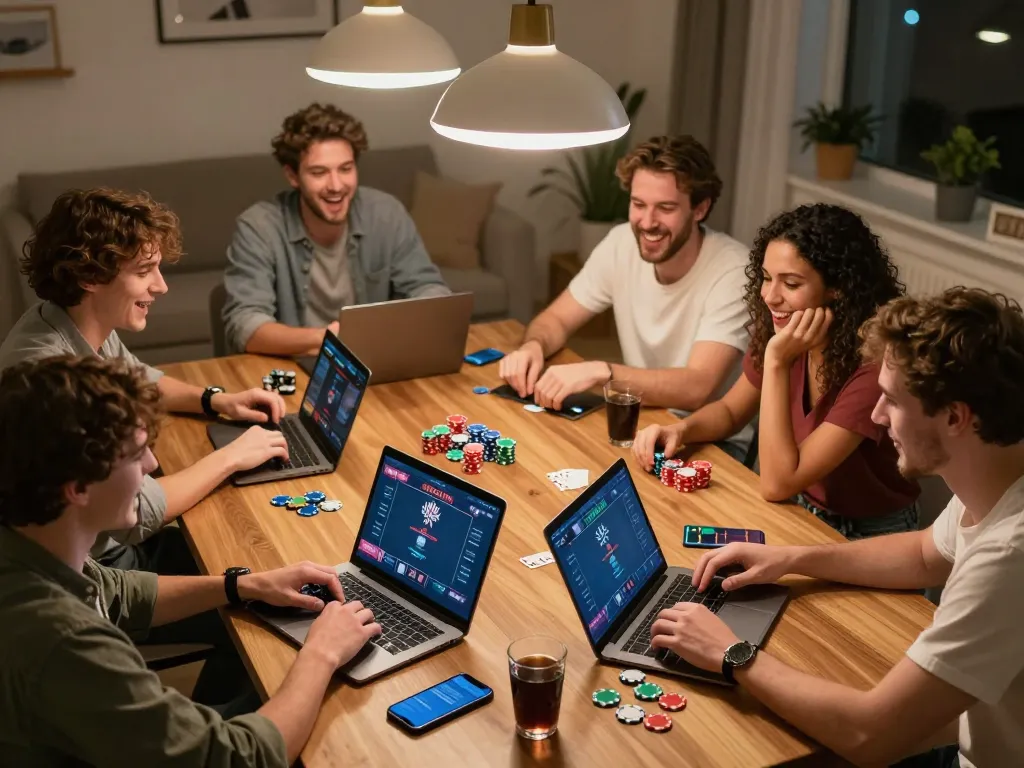Engaging poker game scene with friends enjoying SKY88 online gaming experience, showcasing competitive spirit