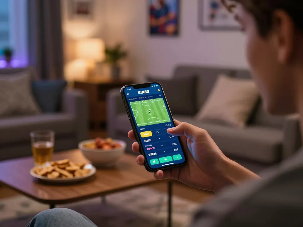 SIN88 user passionately placing a sports bet on smartphone during a cozy gaming night