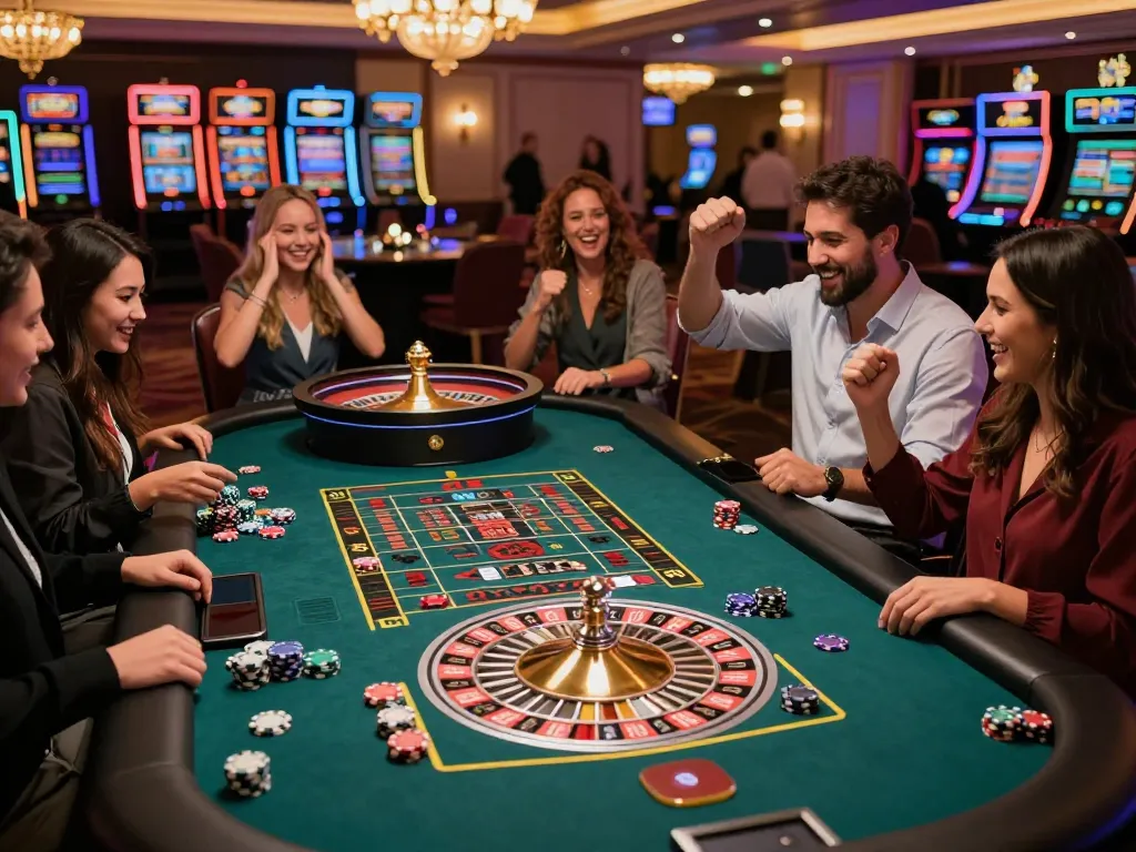 tv88 players celebrating a win at a roulette table in a vibrant casino atmosphere