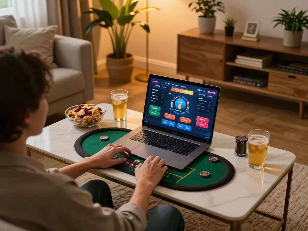 Engaging in strategic gameplay of 9bet, showcasing home gaming setup with poker interface and cozy atmosphere