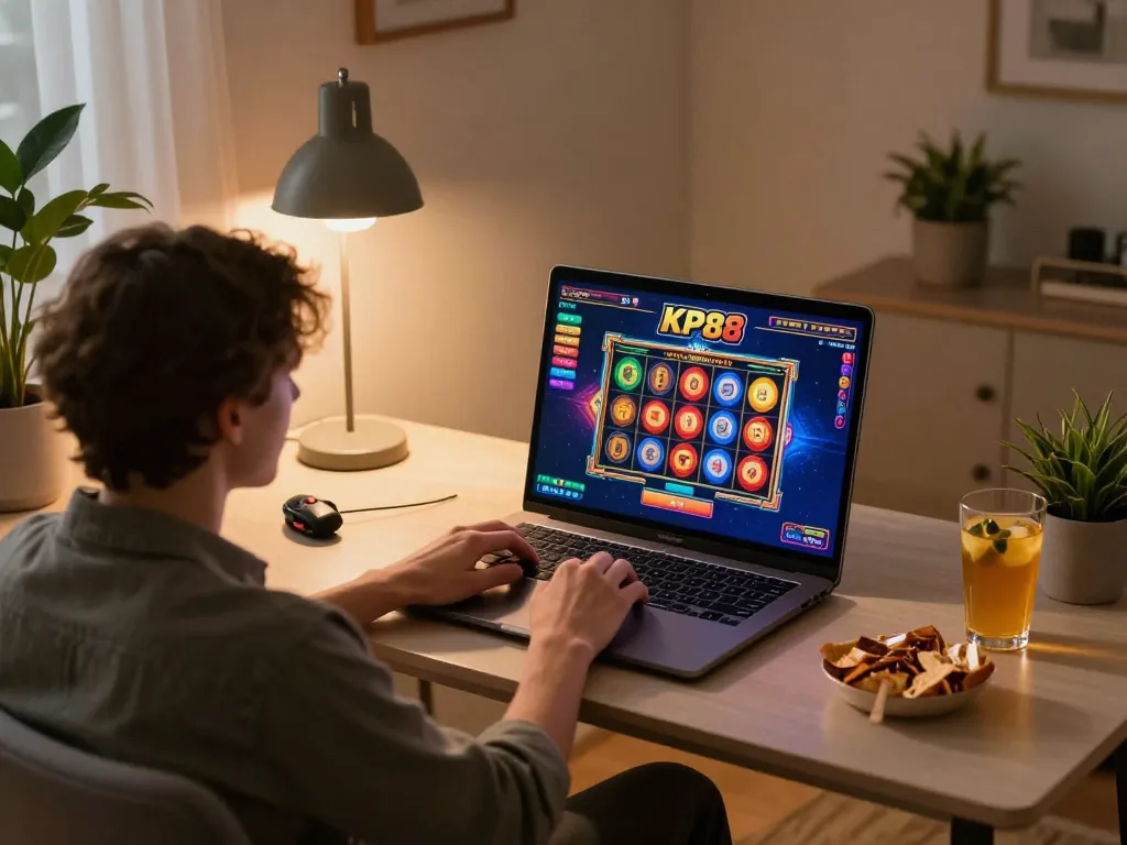 Player engaging with KP88 online slots at home, showcasing vibrant gaming interface and cozy setup