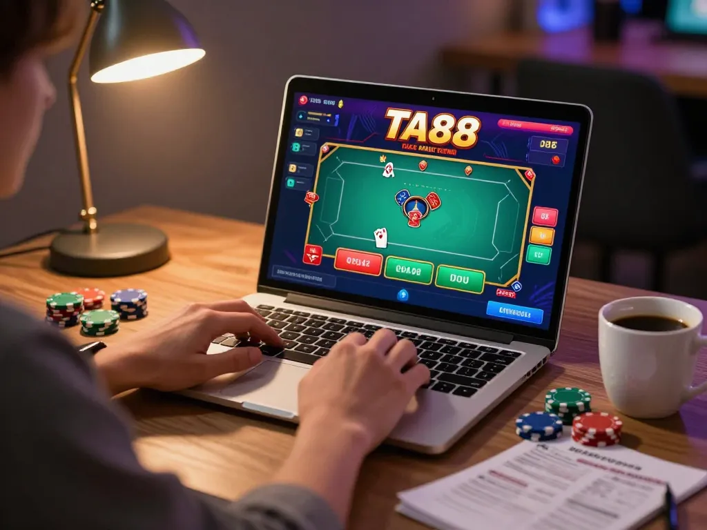 Engaging online TA88 casino gameplay on a laptop with poker game interface and strategy notes