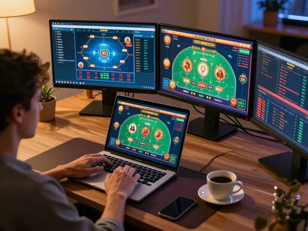 Player engaging in da88 live casino games from a stylish home office.