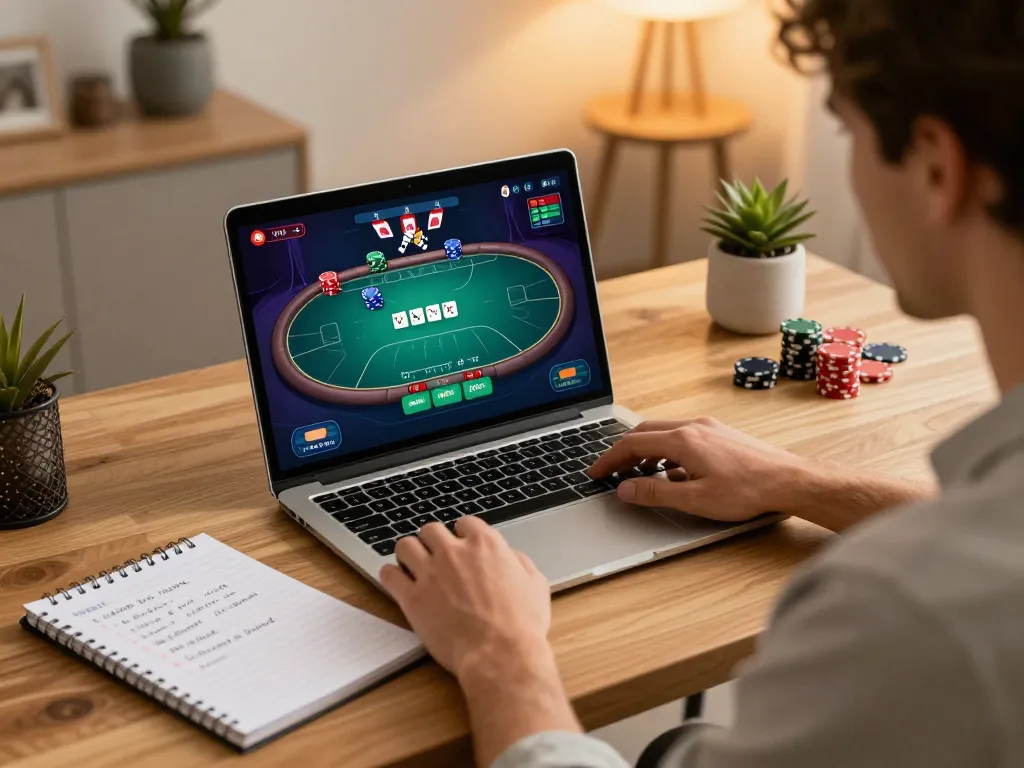 Player strategizing for s666 poker game on laptop at modern home desk, showcasing expert gameplay.