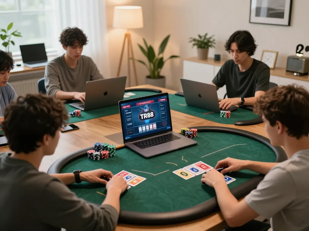 Players experiencing live online poker on TR88 during a home gaming night.