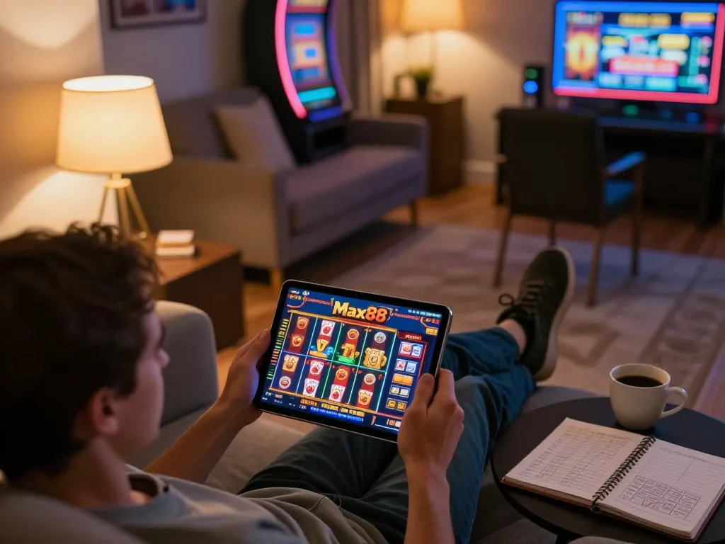 Engaged player using the link max88 to access online casino gaming in a cozy home environment