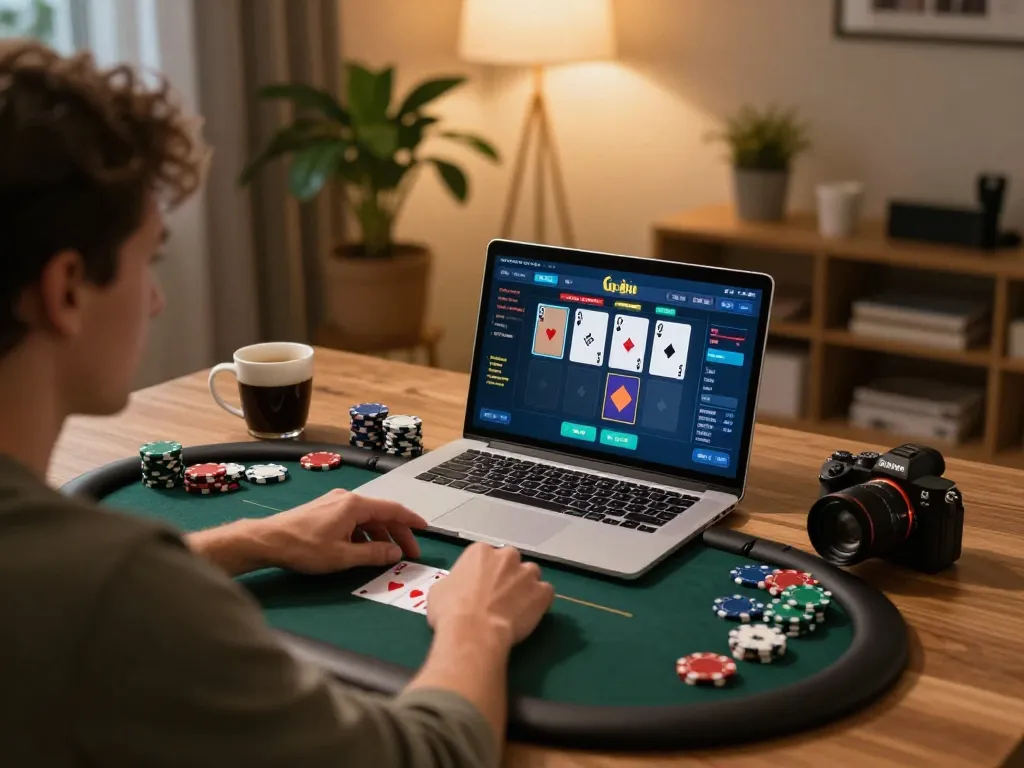 Engaging online poker gameplay on laptop screen showcasing sunwingo casino strategy.