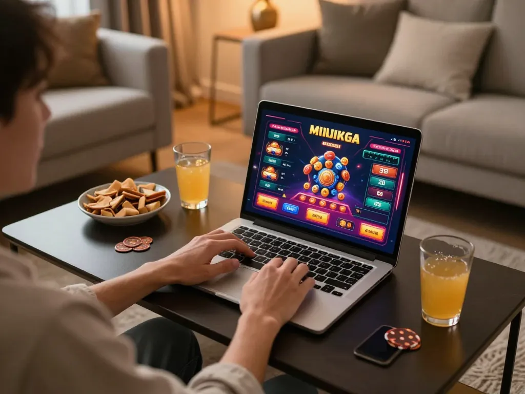 Player enjoying LODE88 online gaming experience in a cozy home environment with snacks and drinks.