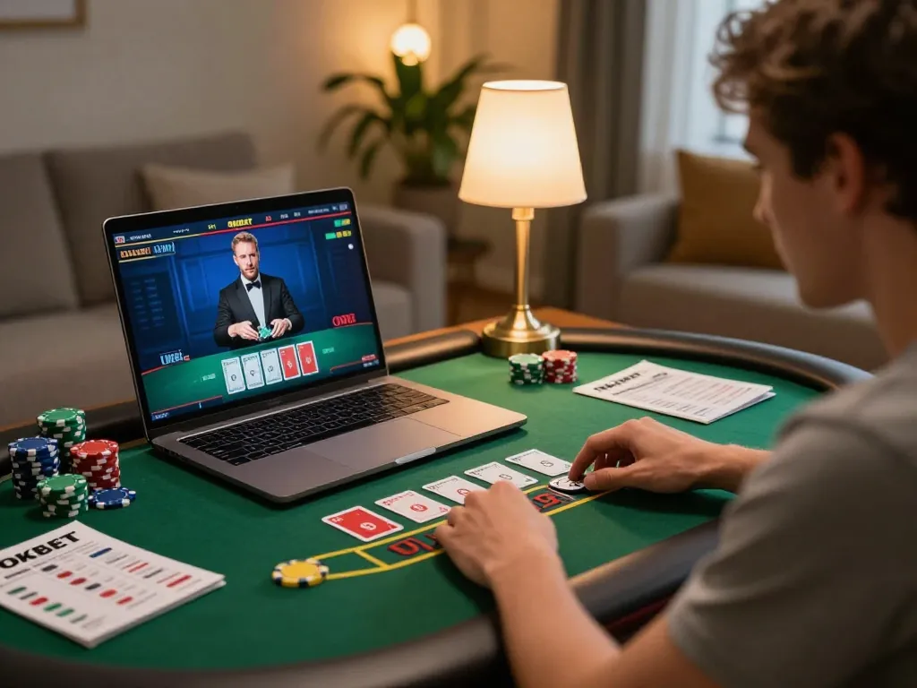 Engaging player using Oxbet for live dealer blackjack from home, warm lighting and chips on table.