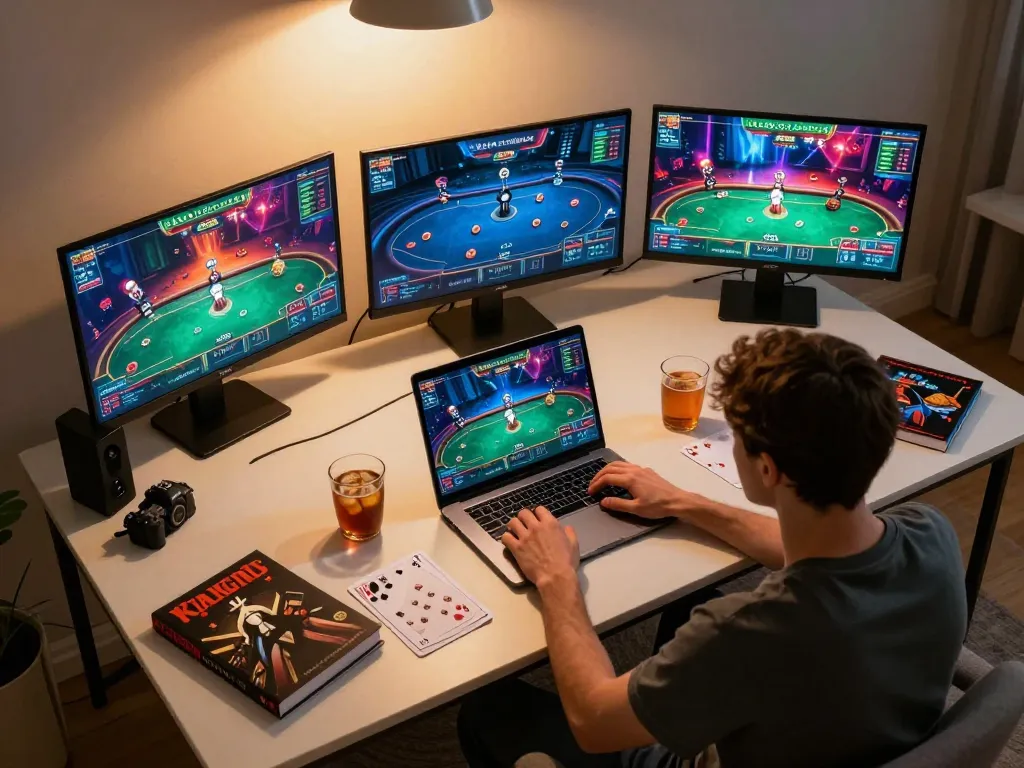 Person strategizing in rokok 88 online poker game with vibrant laptop setup, snacks around.
