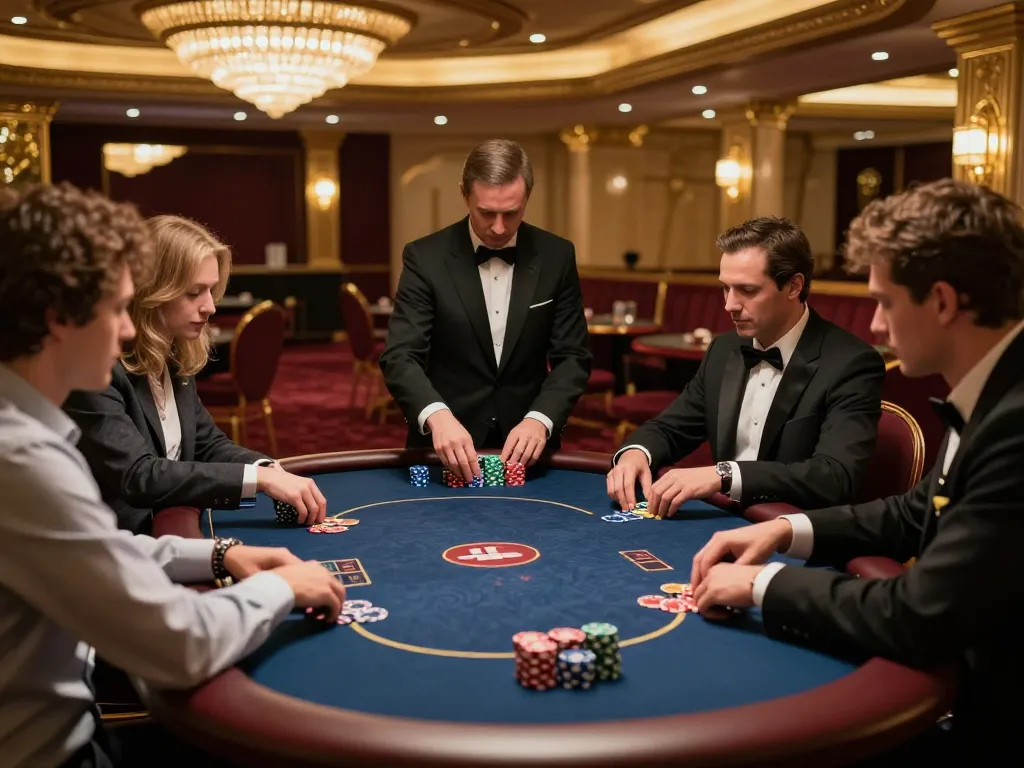 Engaged players strategizing their next move at a luxurious FO88 poker table, vibrant casino atmosphere.