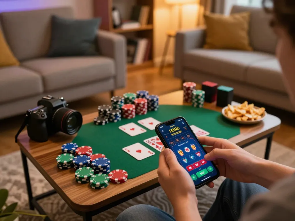 Engage with responsible gambling at home using the Liên hệ cm88 app on smartphone in a cozy setting.