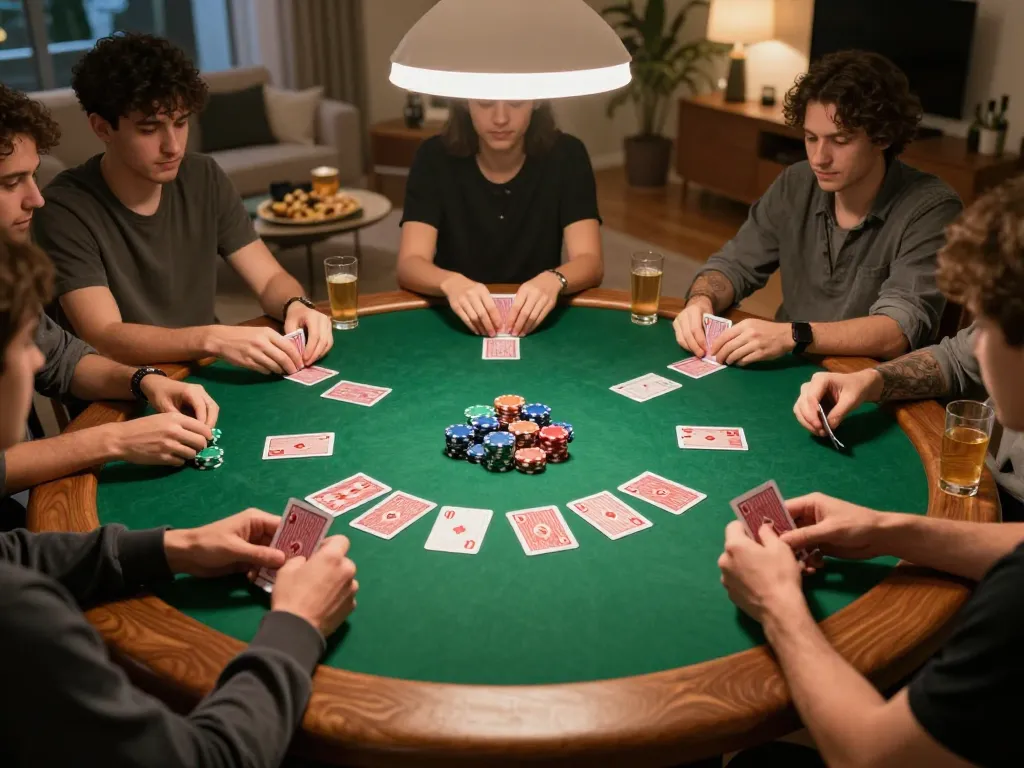 Participants at HITCLUB poker game night engaging with colorful chips and cards on a cozy table.