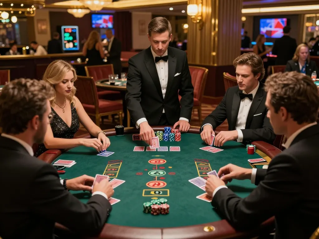 hm88 players enjoying a thrilling blackjack game in an elegant casino setting with chips and cards visible.