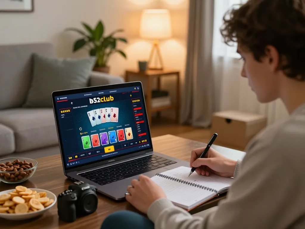 b52club online poker gameplay in a cozy home setting highlighting responsible gaming.